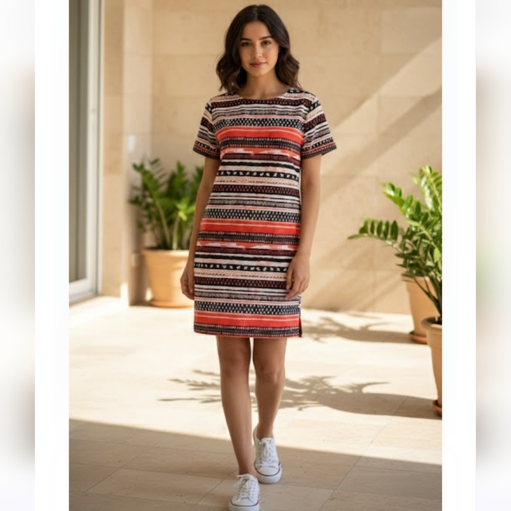Twik Graphic Striped T-Shirt Dress – Coral & Black, Size M